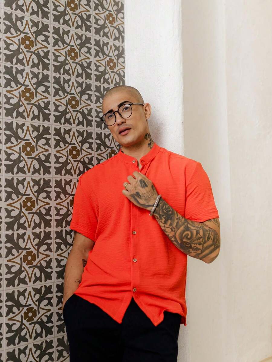 Camisa Masculina Manga Curta Gola Padre Confortável Tendencia Verão