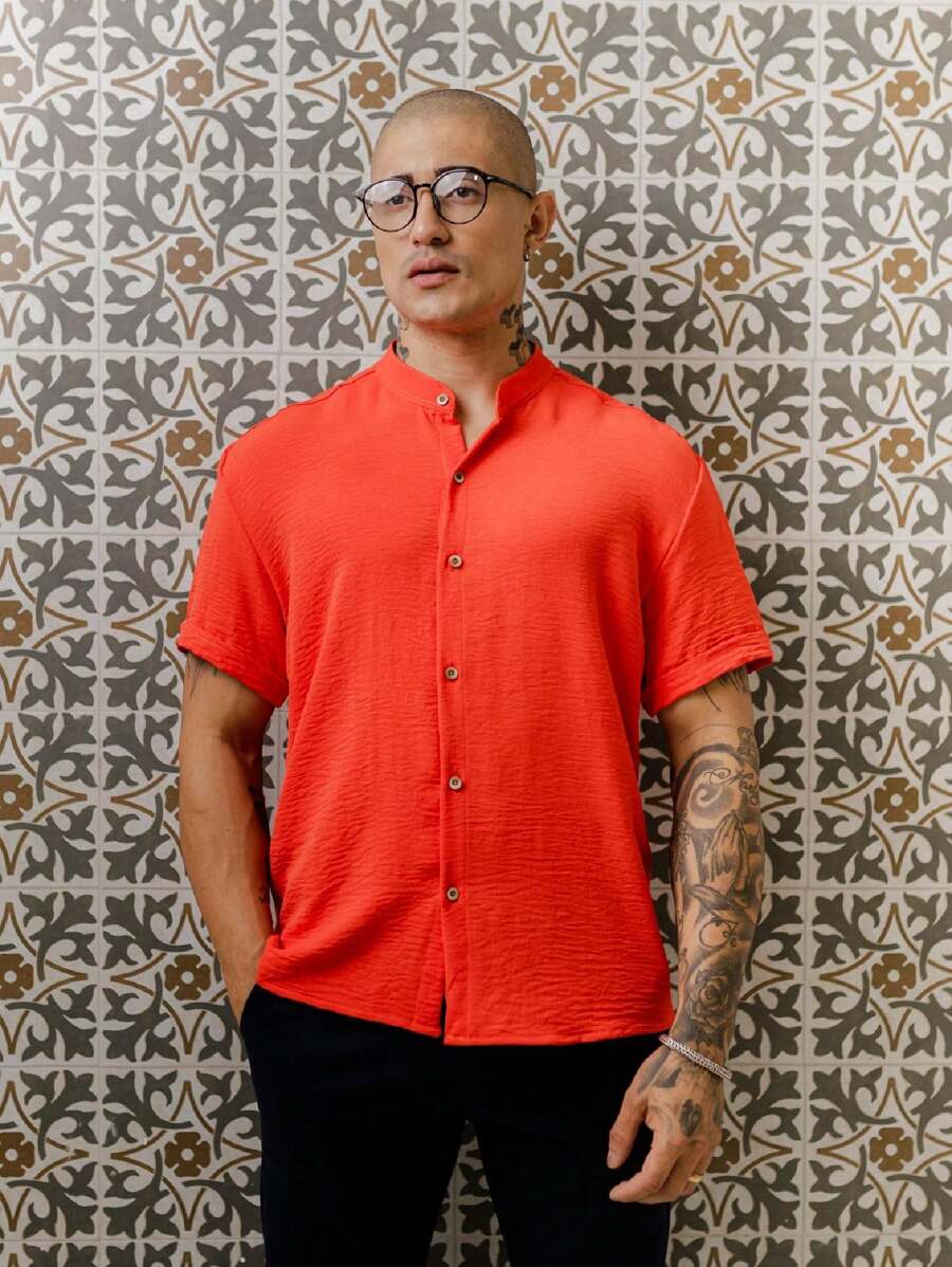 Camisa Masculina Manga Curta Gola Padre Confortável Tendencia Verão