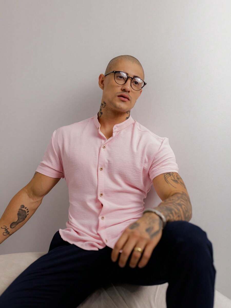 Camisa Masculina Manga Curta Gola Padre Confortável Tendencia Verão