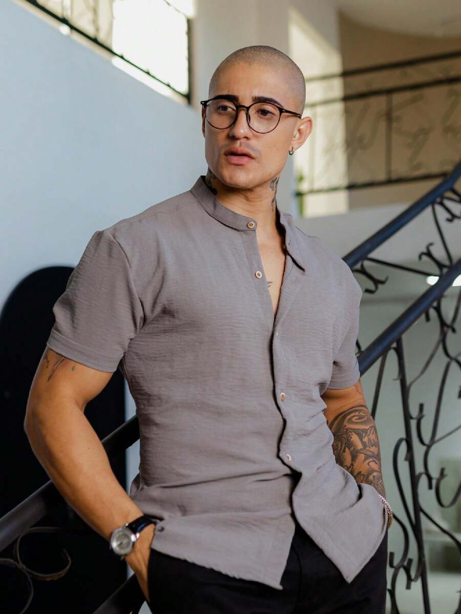 Camisa Masculina Manga Curta Gola Padre Confortável Tendencia Verão