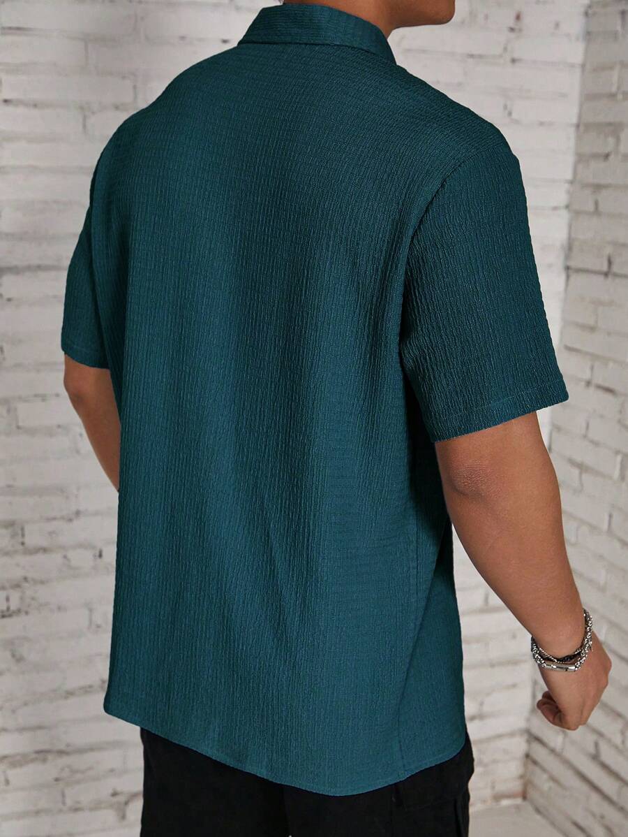 Camisa Masculina Casual de Manga Curta com Botões e Cor Sólida com Caimento Solto