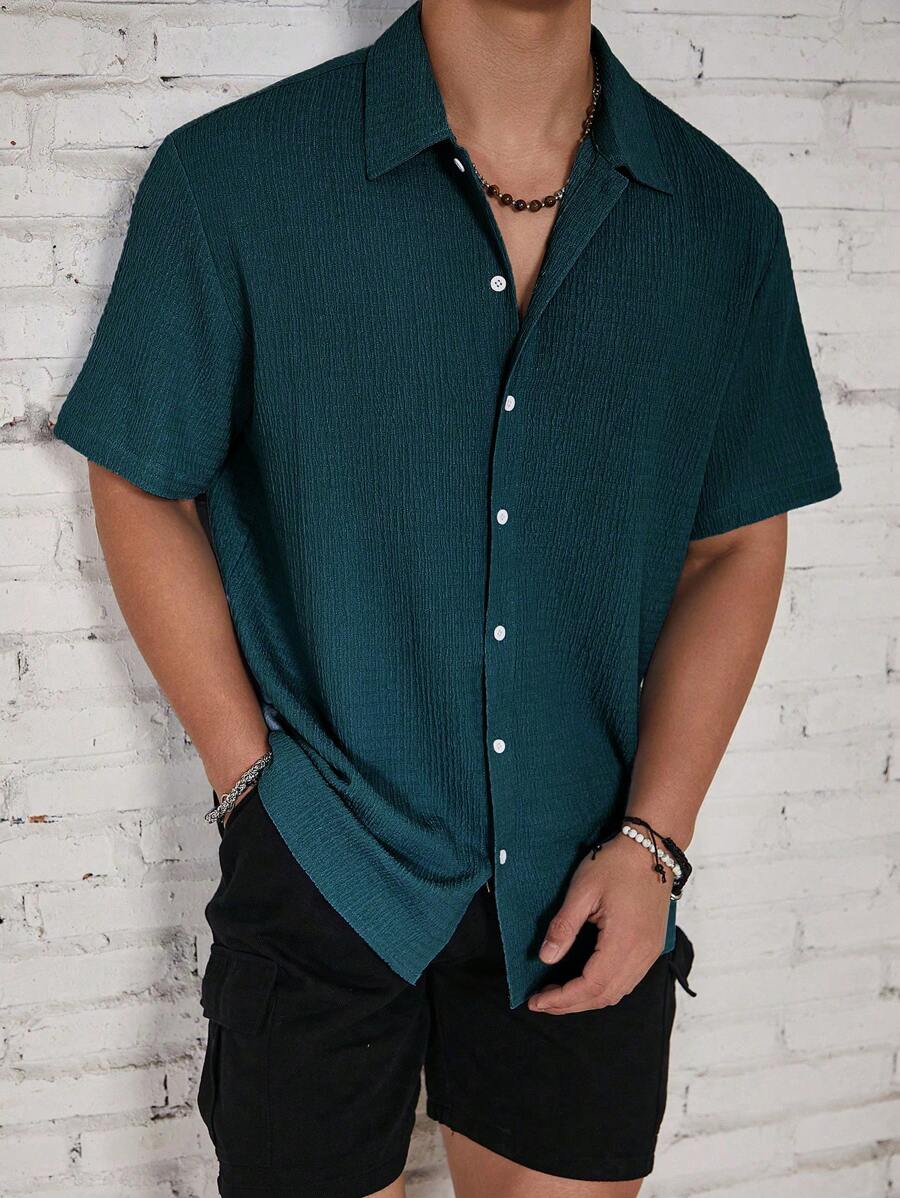 Camisa Masculina Casual de Manga Curta com Botões e Cor Sólida com Caimento Solto