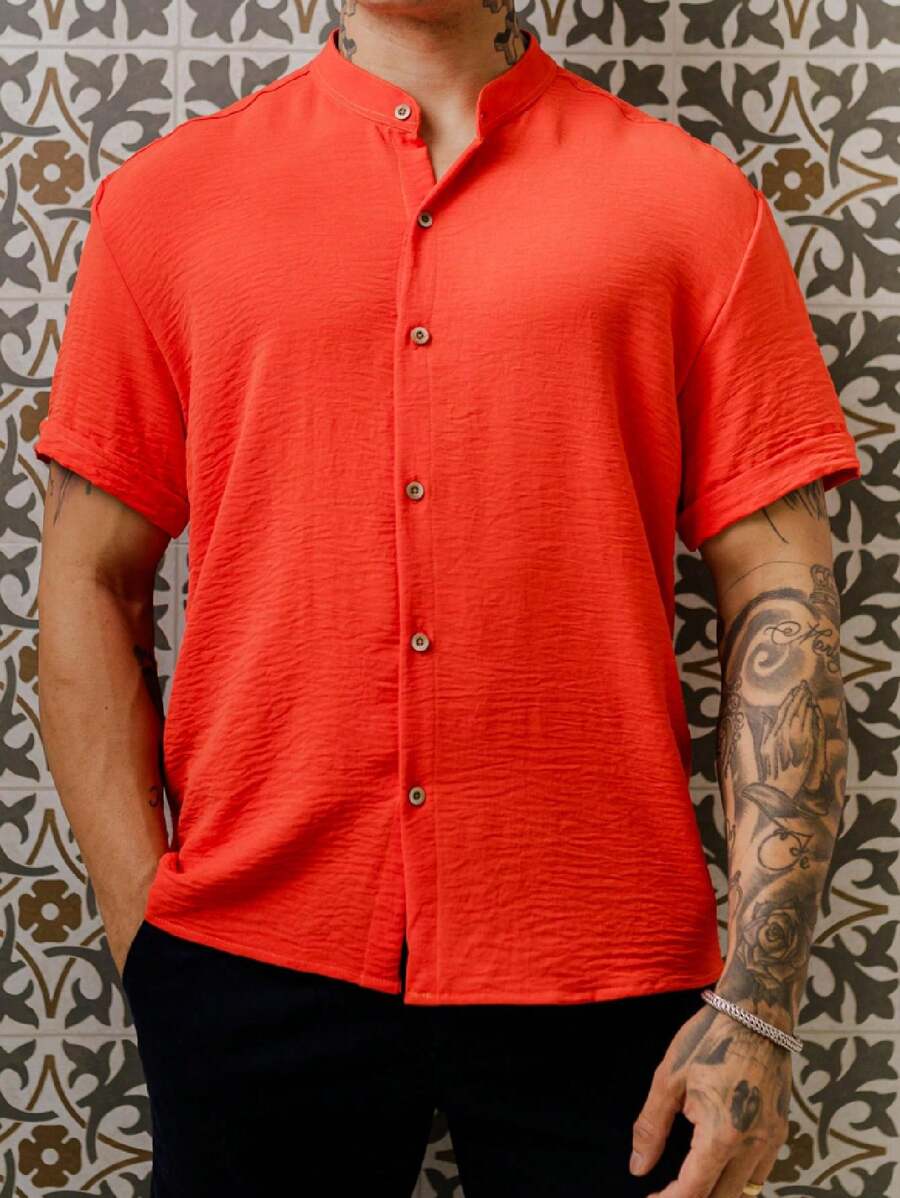 Camisa Masculina Manga Curta Gola Padre Confortável Tendencia Verão