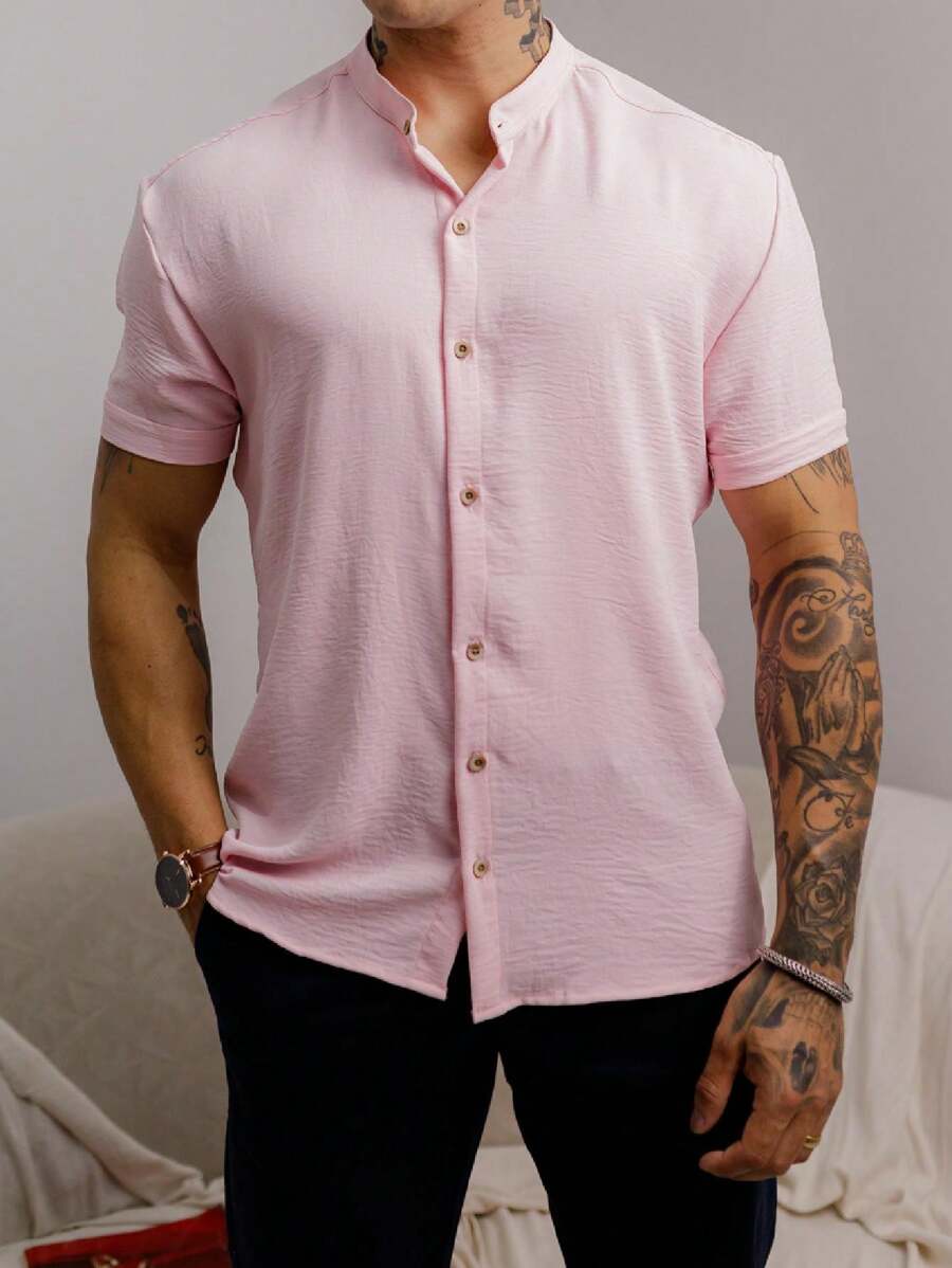 Camisa Masculina Manga Curta Gola Padre Confortável Tendencia Verão
