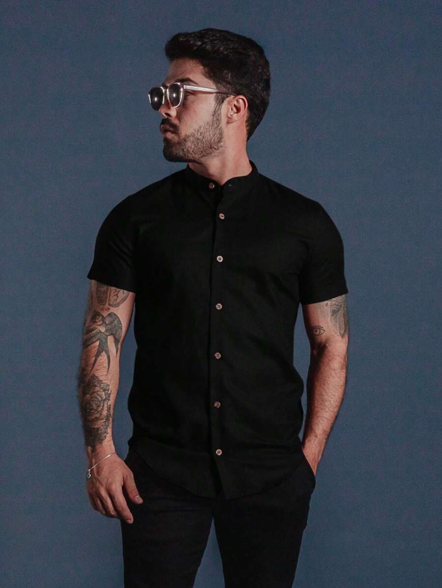 Camisa Masculina Manga Curta Gola Padre Aspecto de Linho
