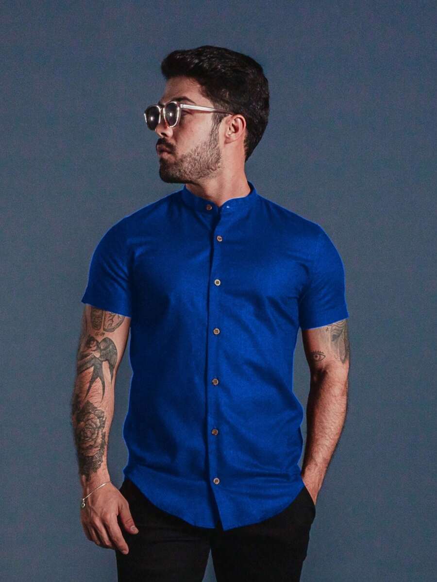 Camisa Masculina Manga Curta Gola Padre Aspecto de Linho
