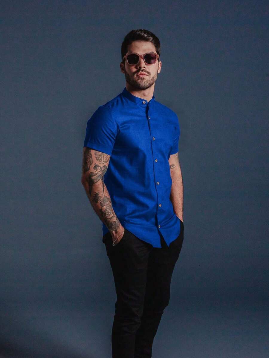 Camisa Masculina Manga Curta Gola Padre Aspecto de Linho