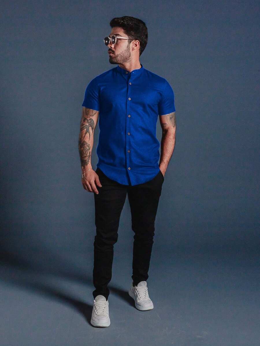 Camisa Masculina Manga Curta Gola Padre Aspecto de Linho