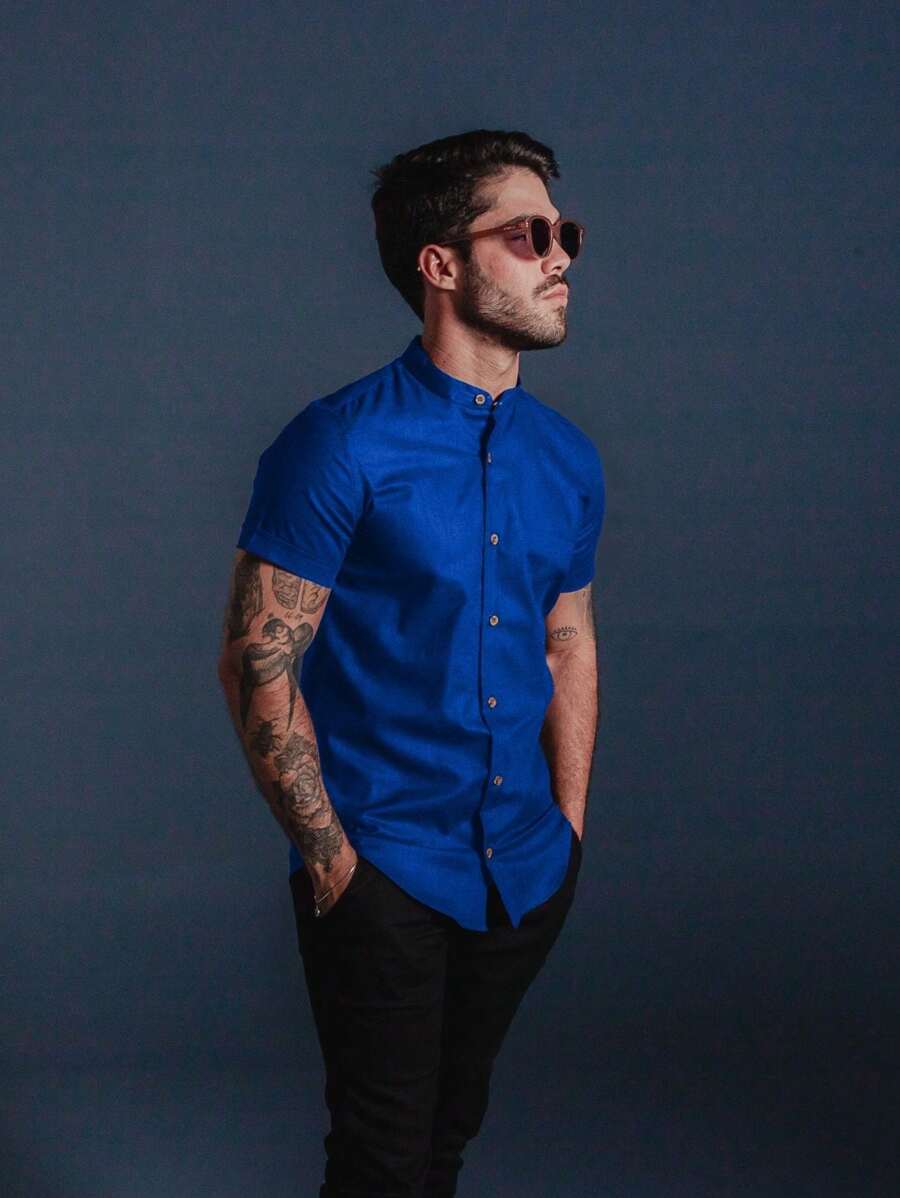 Camisa Masculina Manga Curta Gola Padre Aspecto de Linho