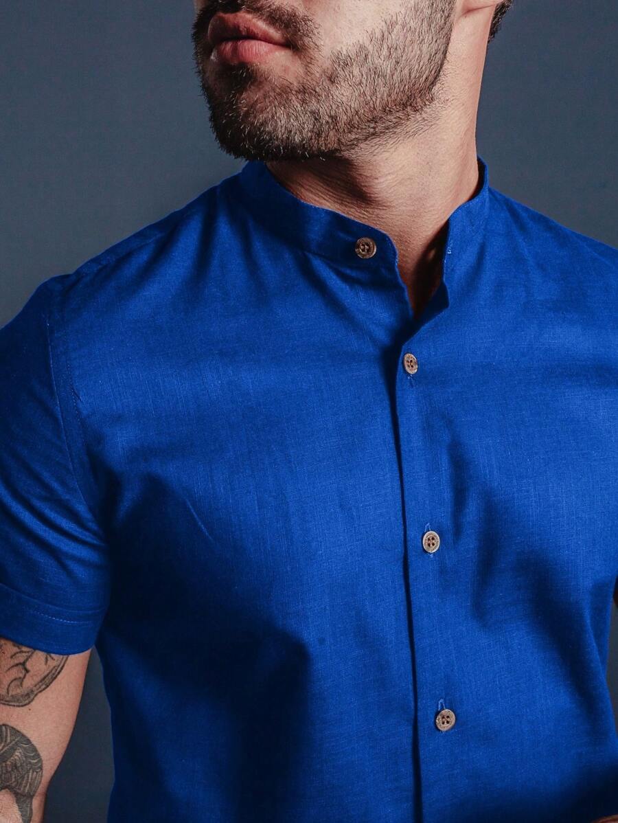 Camisa Masculina Manga Curta Gola Padre Aspecto de Linho