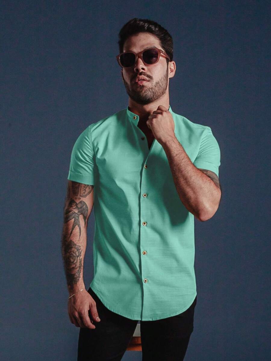 Camisa Masculina Manga Curta Gola Padre Aspecto de Linho