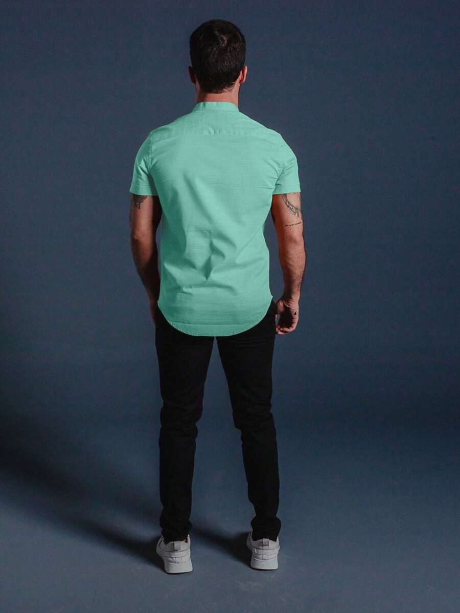 Camisa Masculina Manga Curta Gola Padre Aspecto de Linho