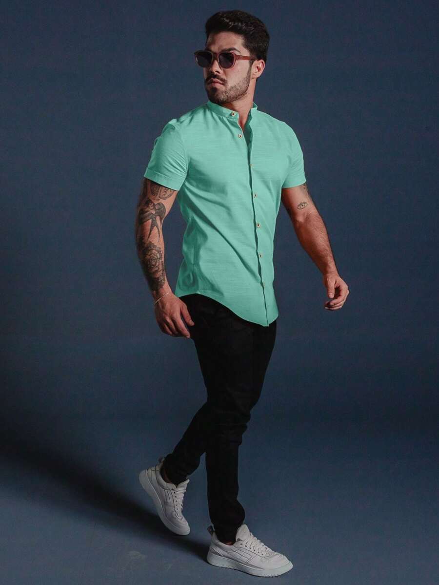 Camisa Masculina Manga Curta Gola Padre Aspecto de Linho