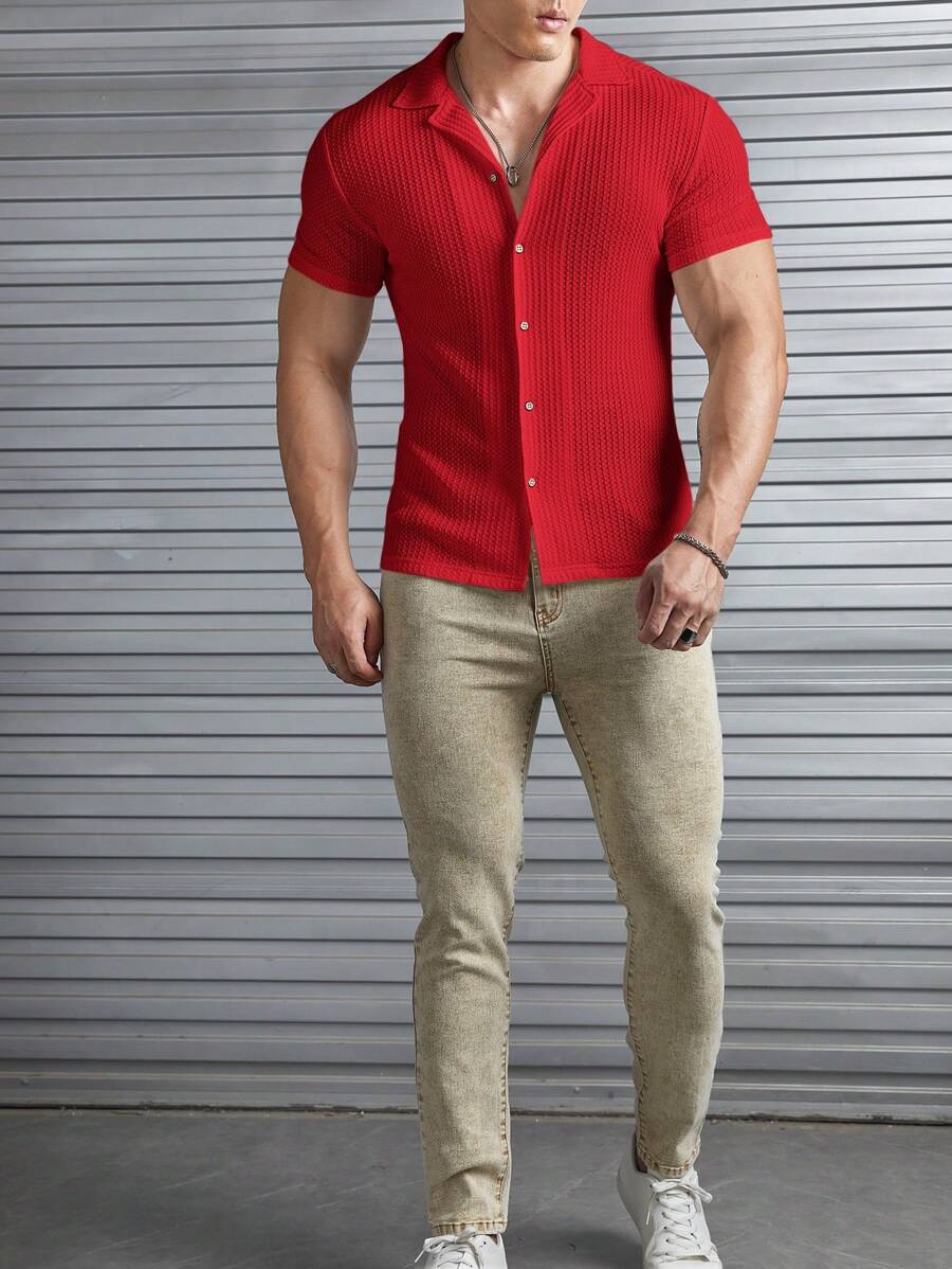 Camisa Masculina Sólido Canelado Botão Frontal