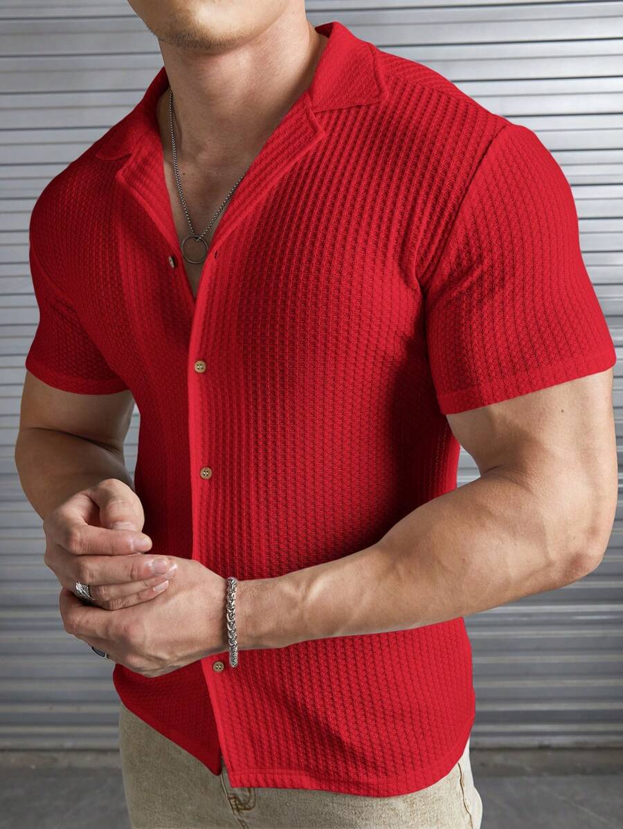 Camisa Masculina Sólido Canelado Botão Frontal