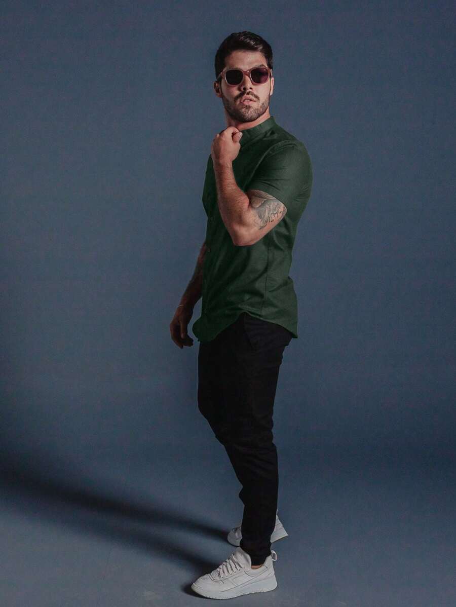 Camisa Masculina Manga Curta Gola Padre Aspecto de Linho