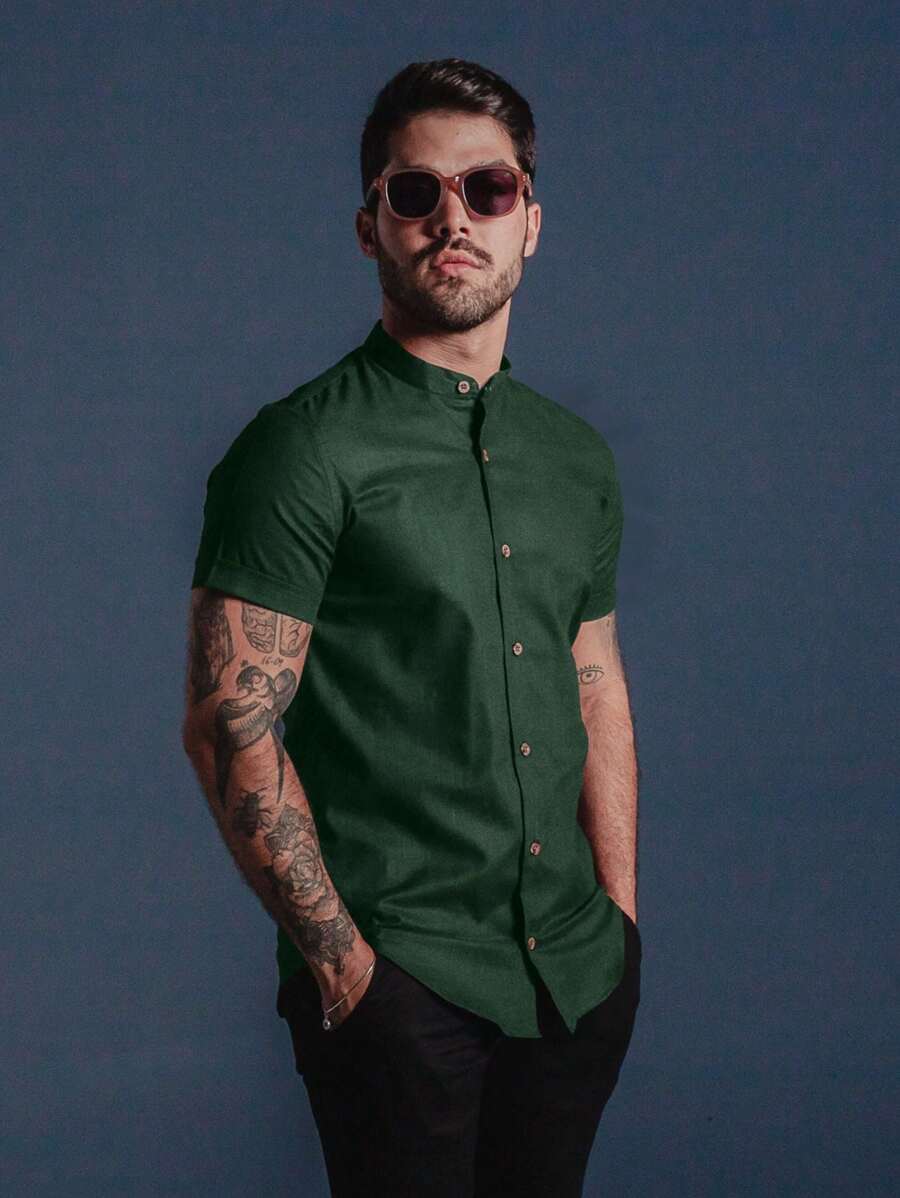 Camisa Masculina Manga Curta Gola Padre Aspecto de Linho