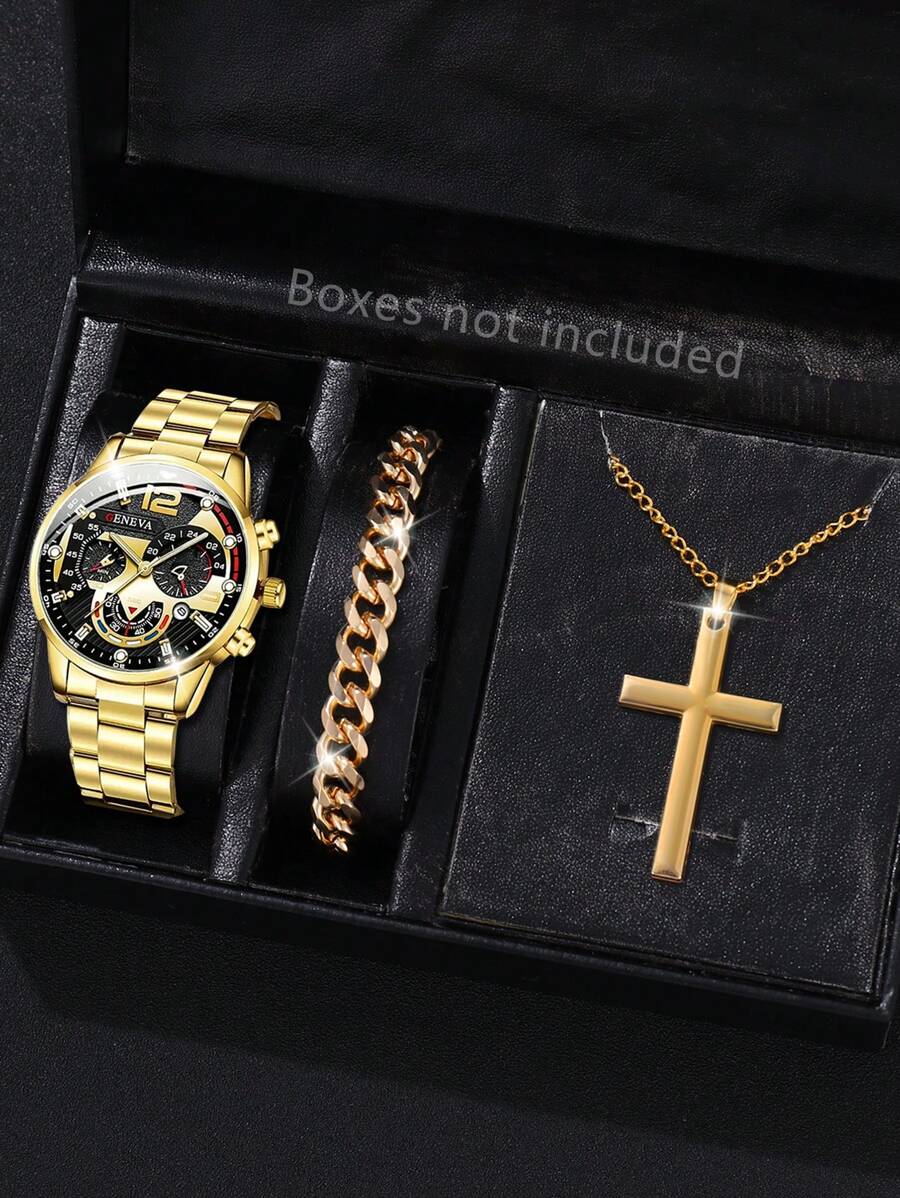 Conjunto de Joias Masculino com 4 Peças - Pulseira, Colar, Anel e Relógio