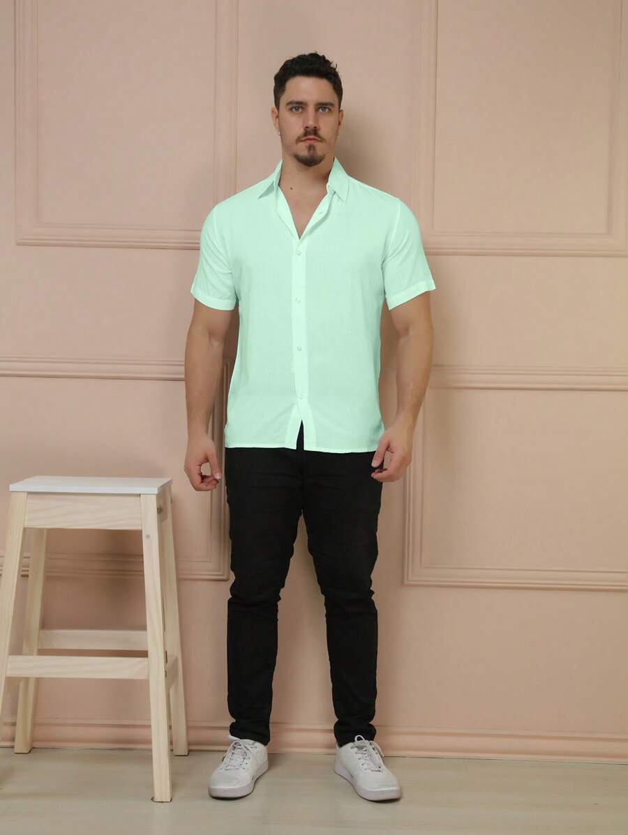 Camisa Masculina Manga Curta De Botão Lisa em viscose Balli