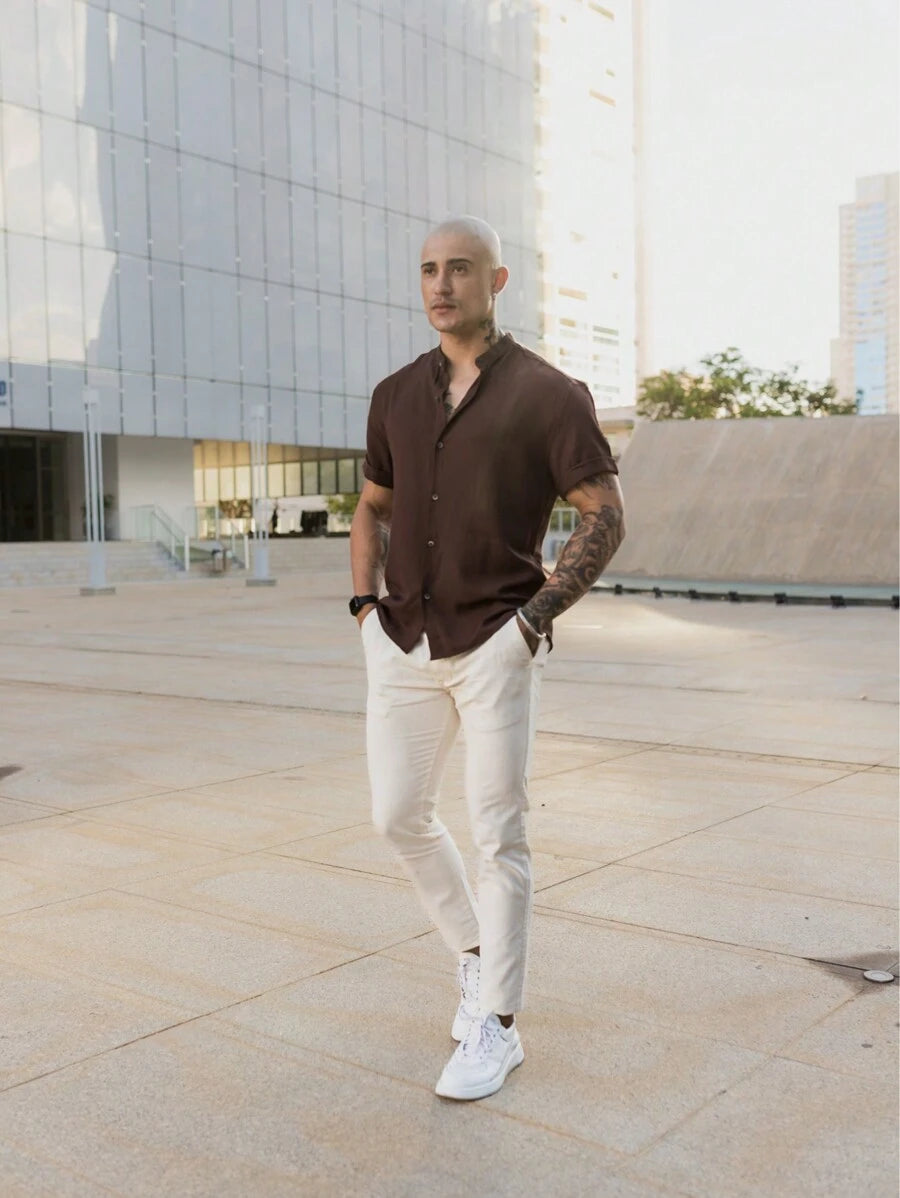 Camisa Masculina Manga Curta Gola Padre Confortável Tendencia Verão