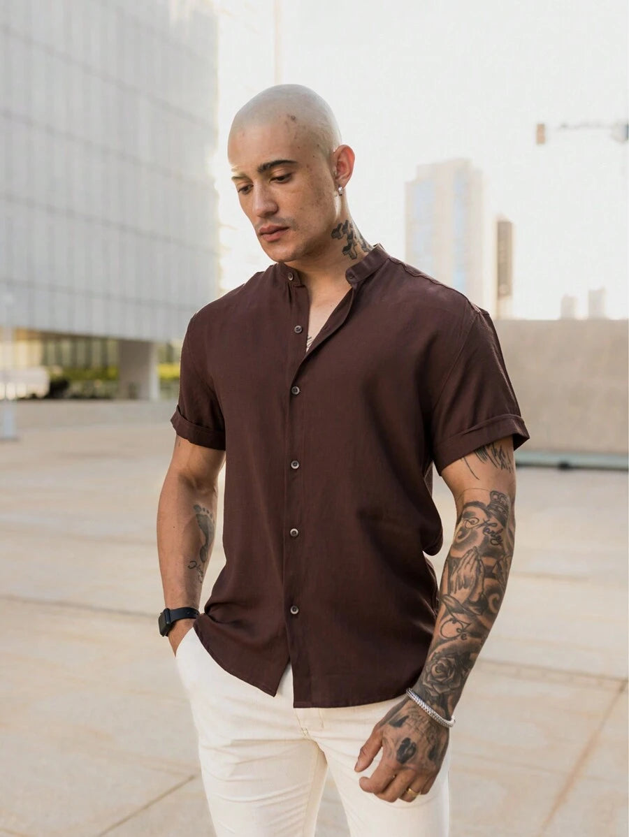 Camisa Masculina Manga Curta Gola Padre Confortável Tendencia Verão