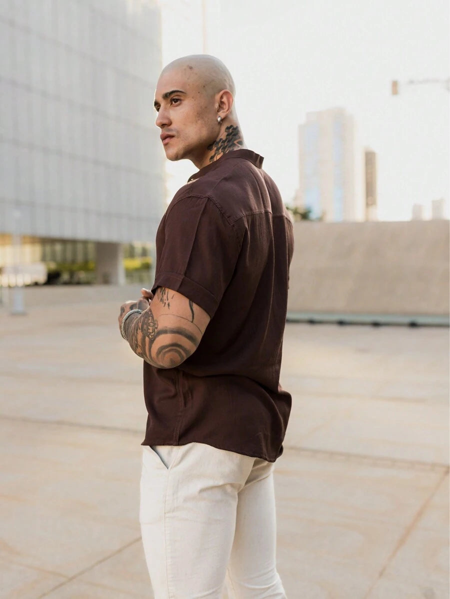 Camisa Masculina Manga Curta Gola Padre Confortável Tendencia Verão