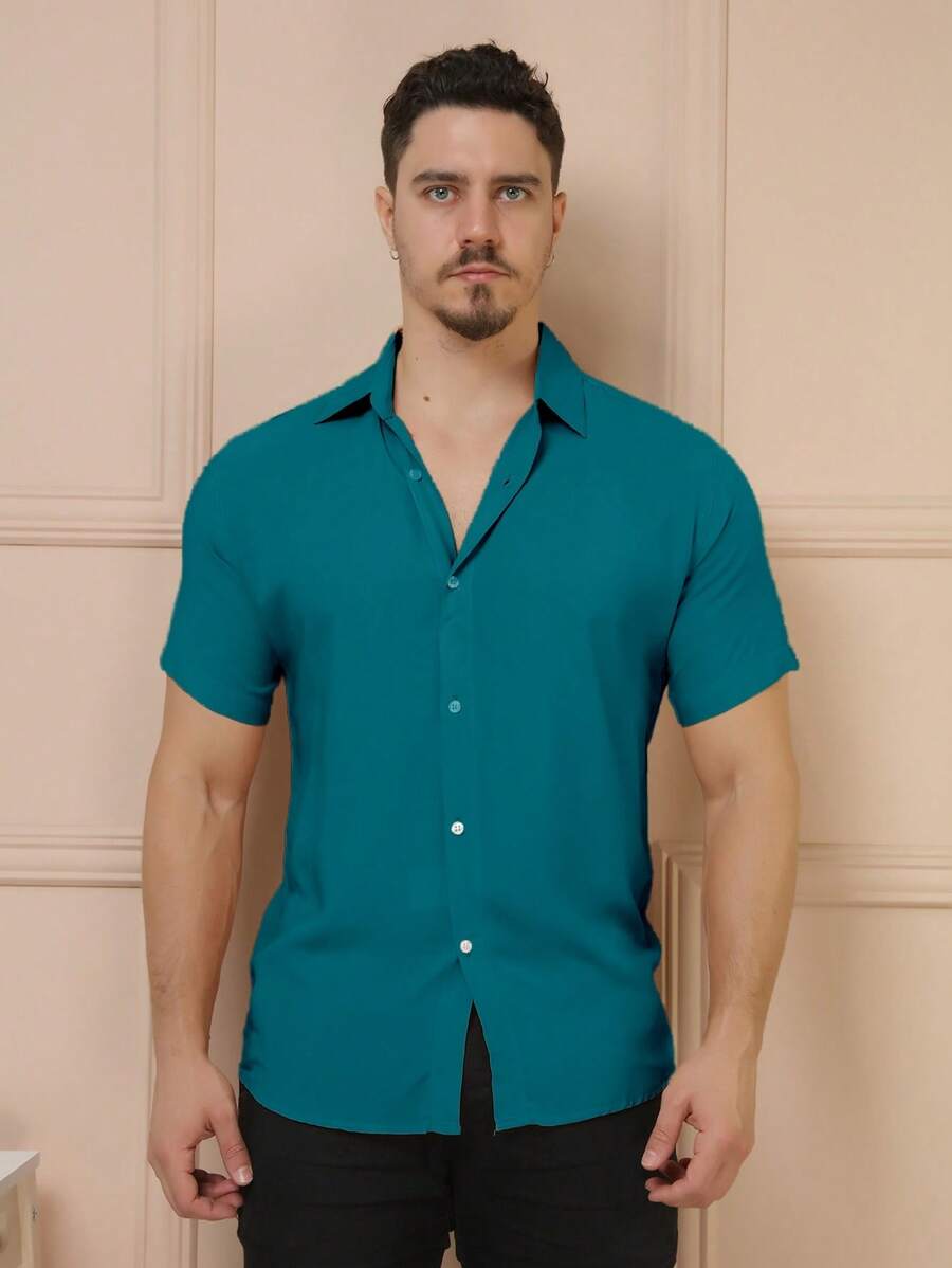 Camisa Masculina Manga Curta De Botão Lisa em viscose Balli