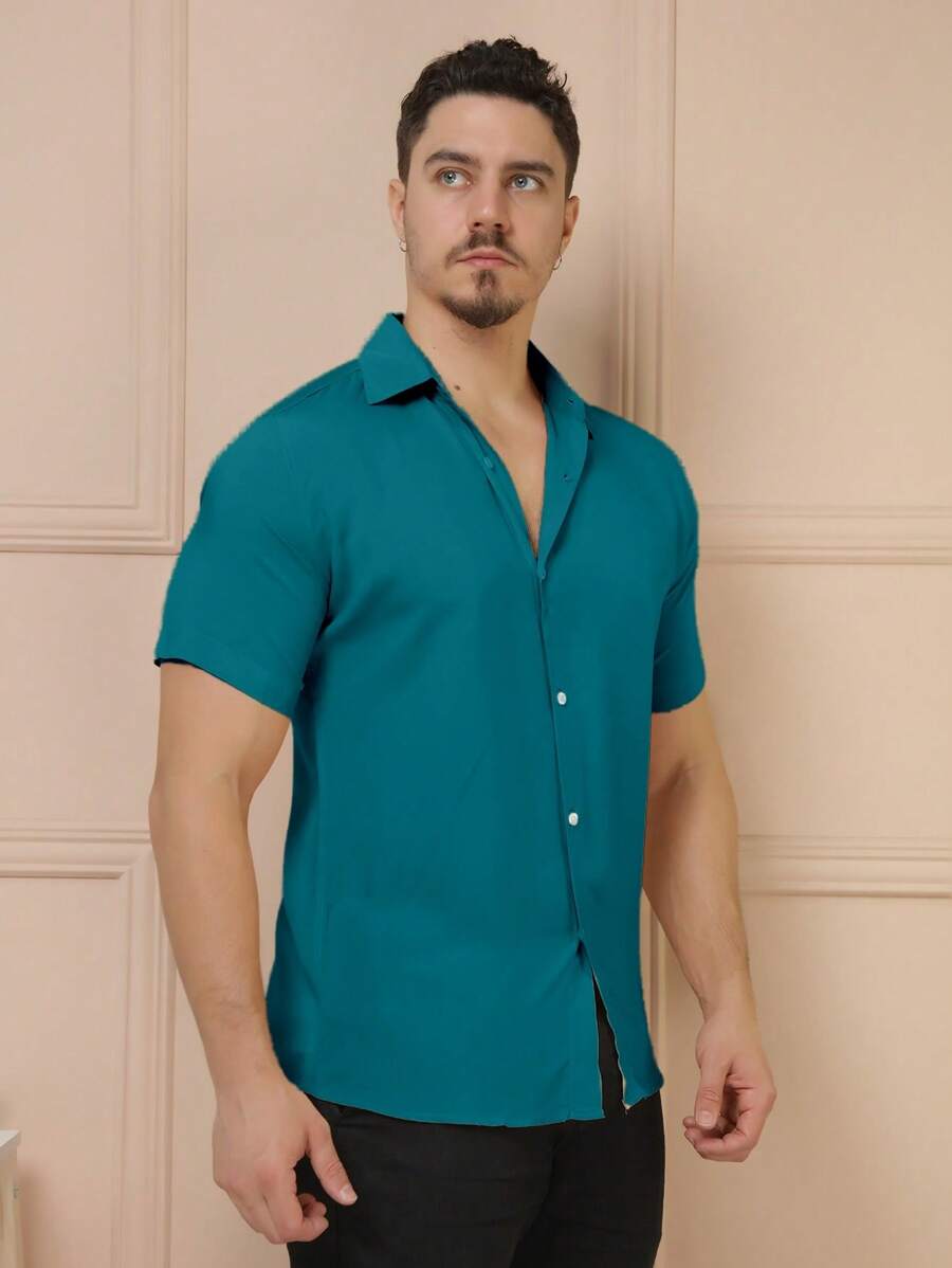 Camisa Masculina Manga Curta De Botão Lisa em viscose Balli