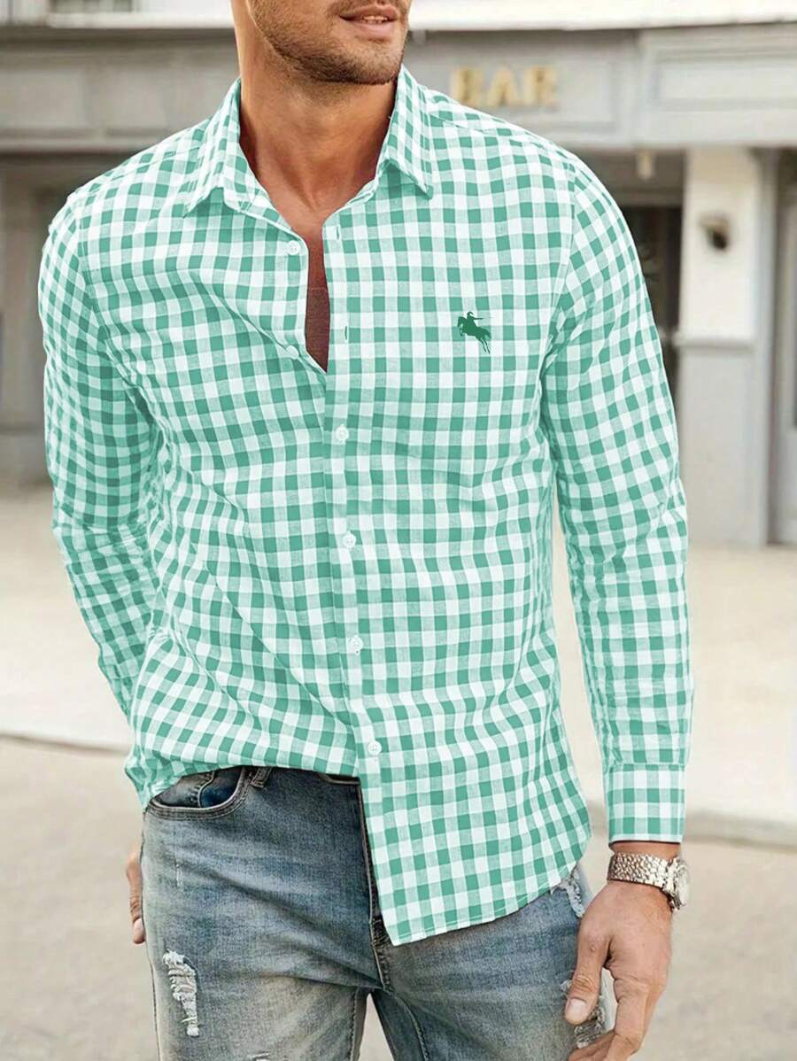 Camisa Masculina Manga Longa Confortável Ícone Pequeno Xadrez