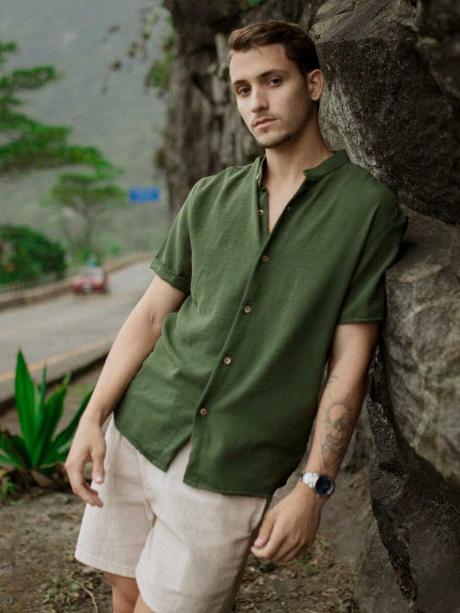 Camisa Masculina Manga Curta Gola Padre Confortável Tendencia Verão