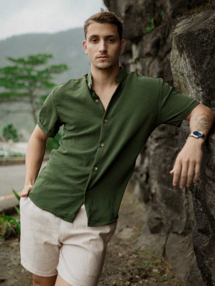 Camisa Masculina Manga Curta Gola Padre Confortável Tendencia Verão