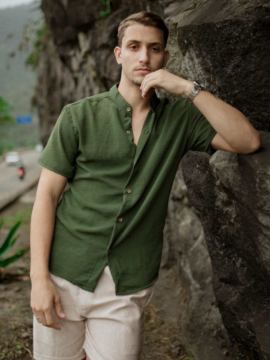 Camisa Masculina Manga Curta Gola Padre Confortável Tendencia Verão