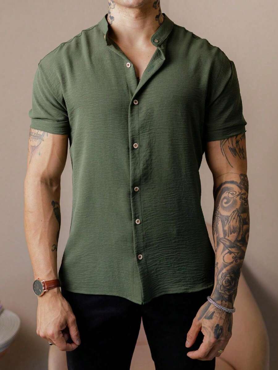 Camisa Masculina Manga Curta Gola Padre Confortável Tendencia Verão