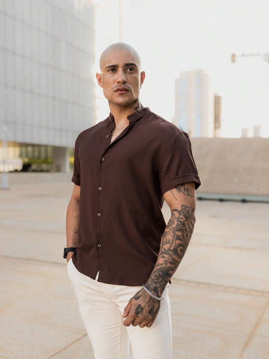 Camisa Masculina Manga Curta Gola Padre Confortável Tendencia Verão