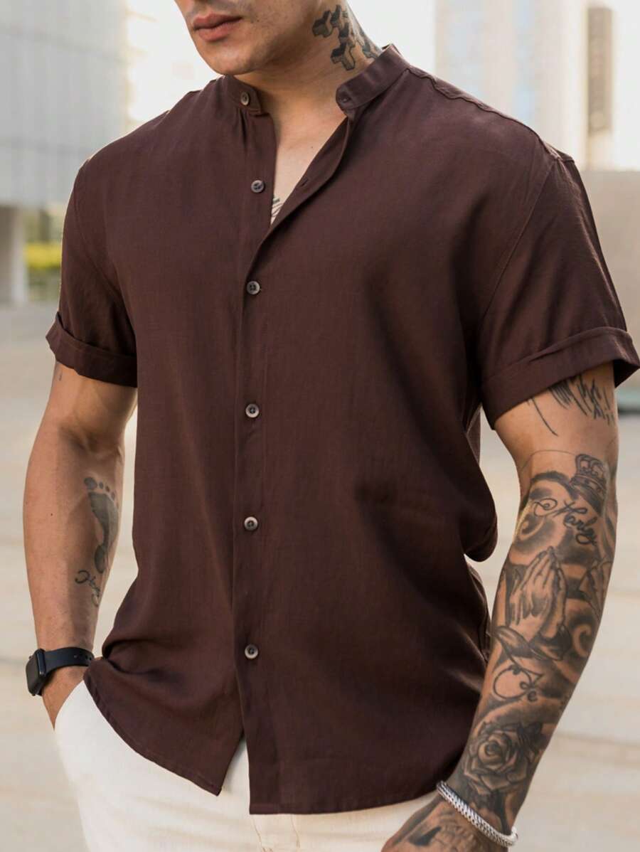 Camisa Masculina Manga Curta Gola Padre Confortável Tendencia Verão