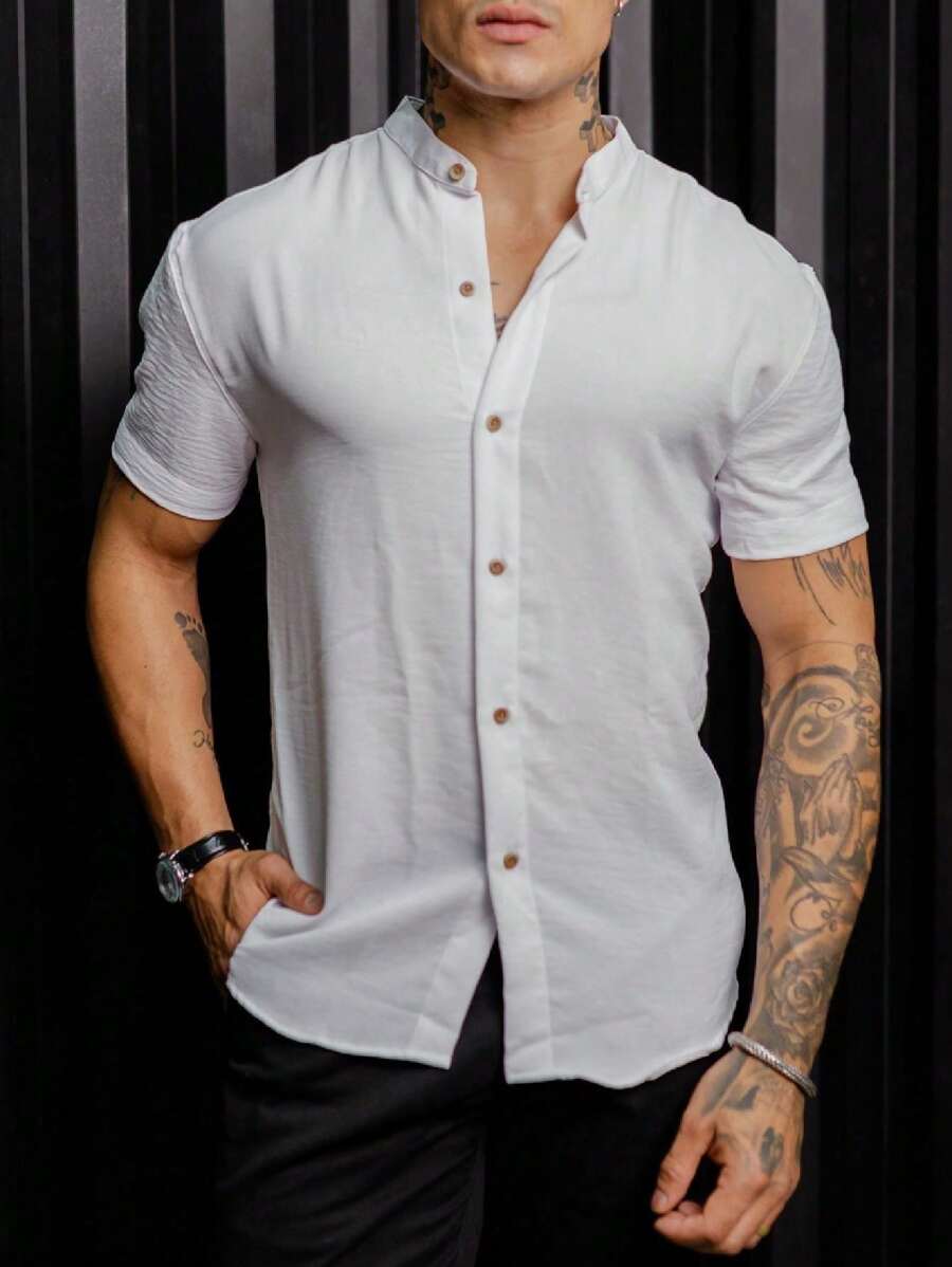 Camisa Masculina Manga Curta Gola Padre Confortável Tendencia Verão