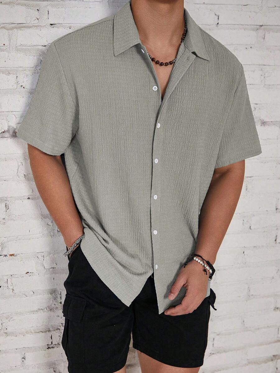 Camisa Masculina Casual de Manga Curta com Botões e Cor Sólida com Caimento Solto