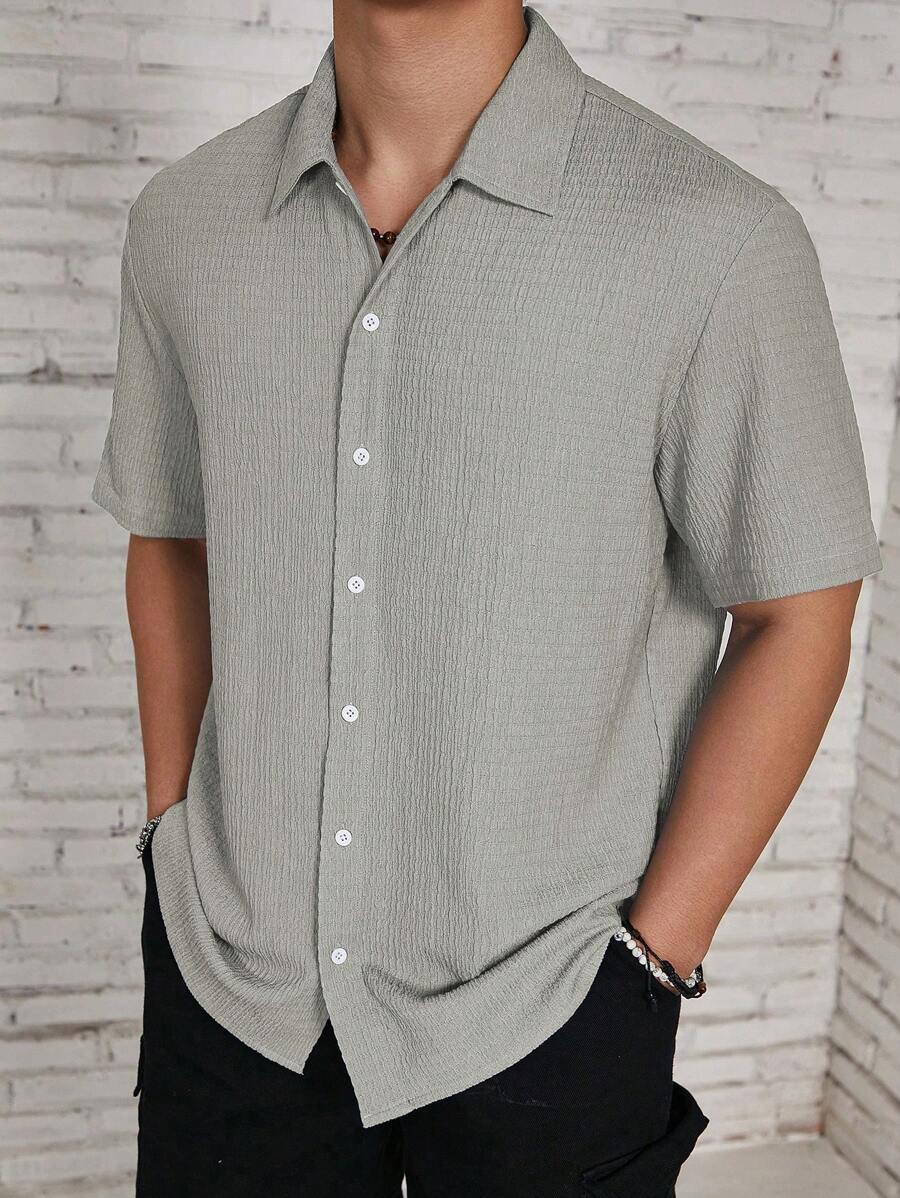 Camisa Masculina Casual de Manga Curta com Botões e Cor Sólida com Caimento Solto
