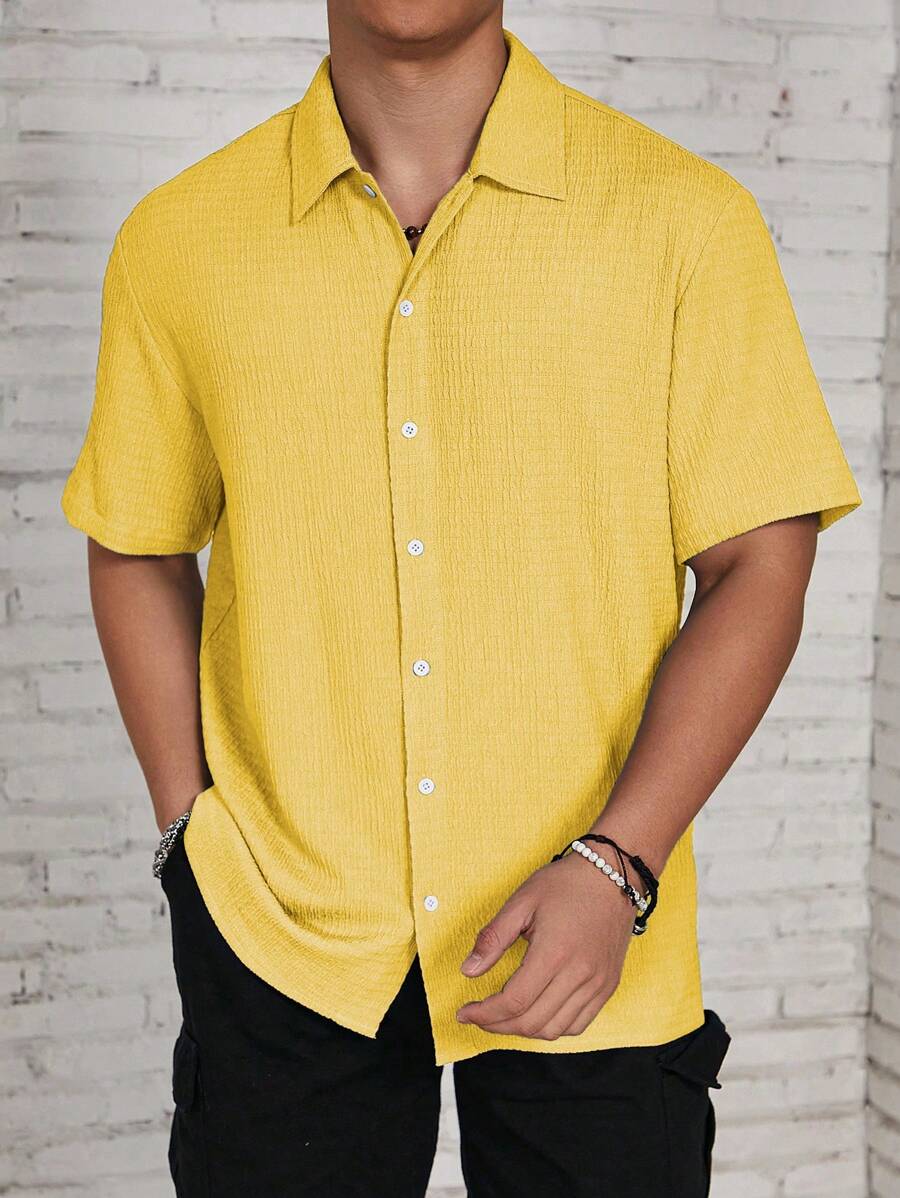 Camisa Masculina Casual de Manga Curta com Botões e Cor Sólida com Caimento Solto