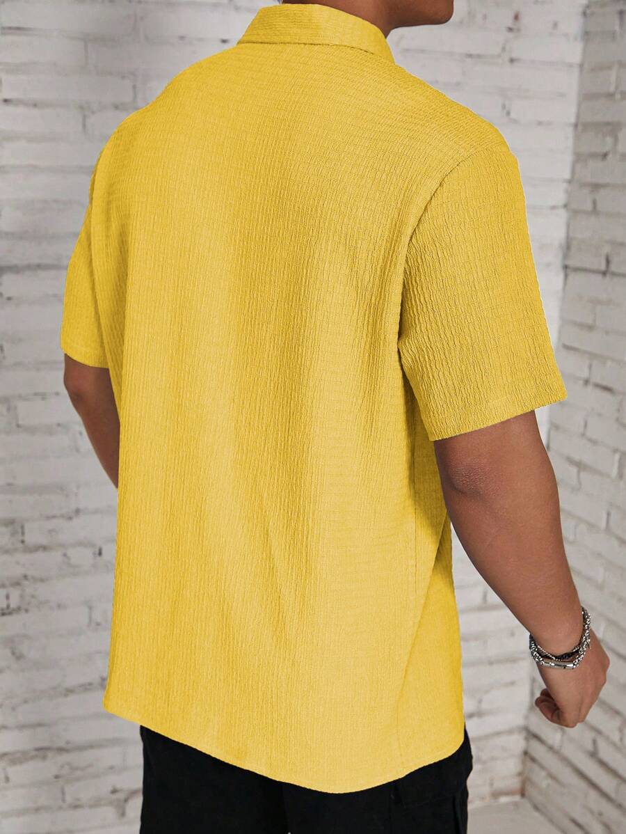 Camisa Masculina Casual de Manga Curta com Botões e Cor Sólida com Caimento Solto