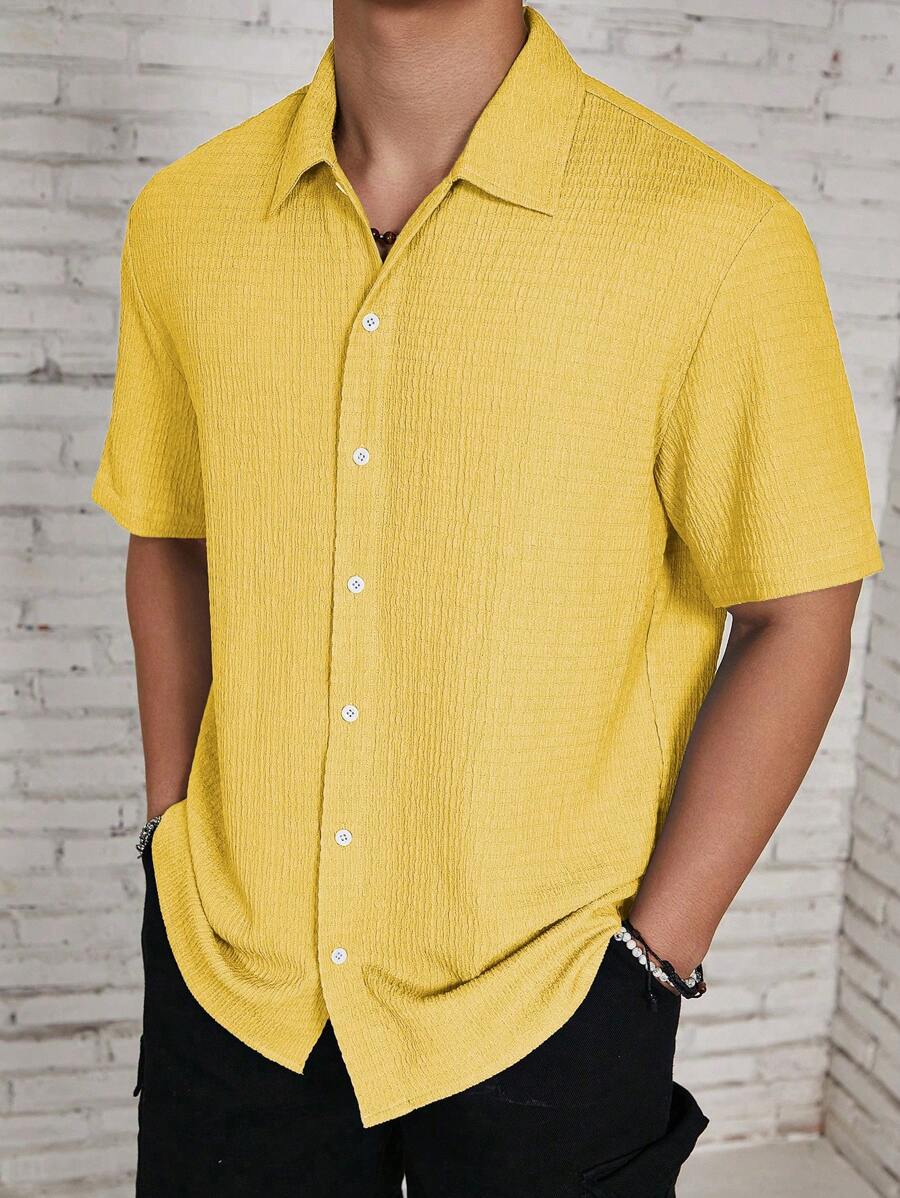 Camisa Masculina Casual de Manga Curta com Botões e Cor Sólida com Caimento Solto