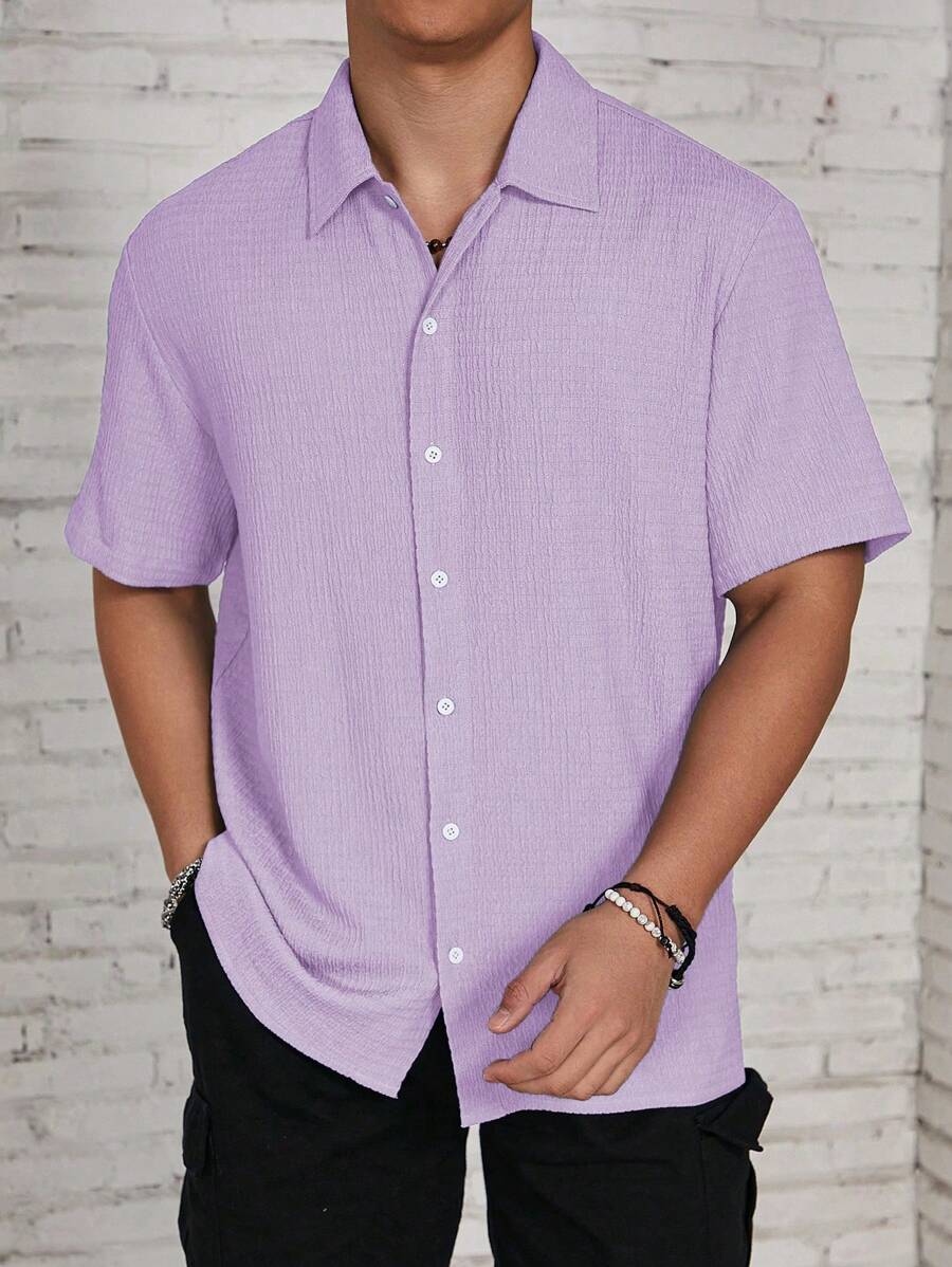 Camisa Masculina Casual de Manga Curta com Botões e Cor Sólida com Caimento Solto