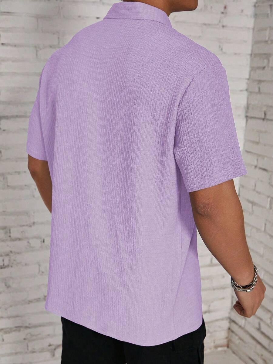 Camisa Masculina Casual de Manga Curta com Botões e Cor Sólida com Caimento Solto