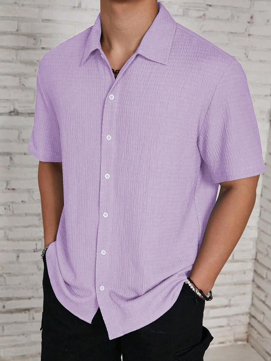 Camisa Masculina Casual de Manga Curta com Botões e Cor Sólida com Caimento Solto