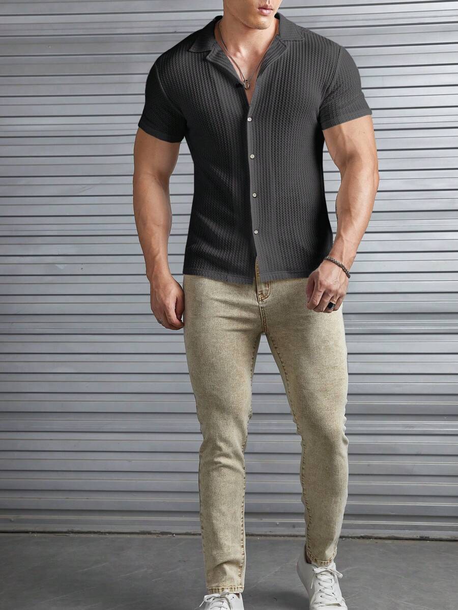 Camisa Masculina Sólido Canelado Botão Frontal