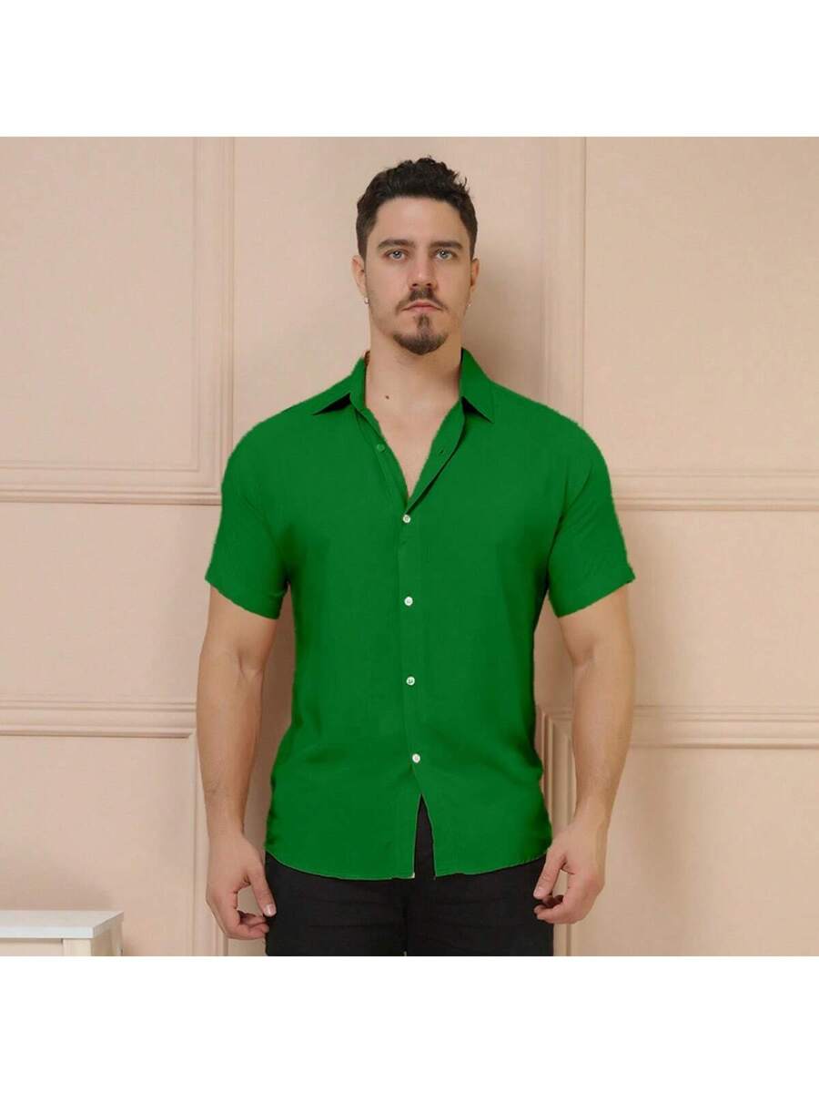 Camisa Masculina Manga Curta De Botão Lisa em viscose Balli