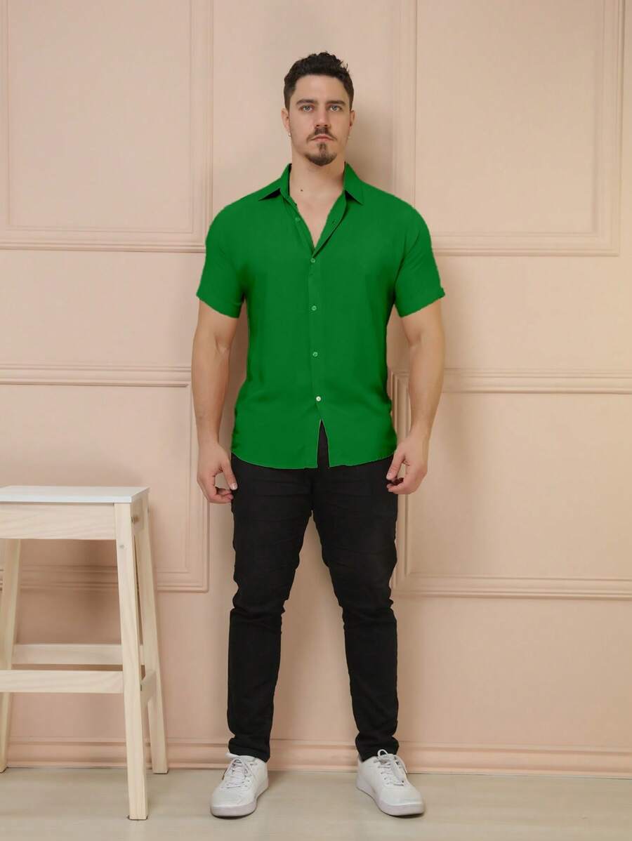 Camisa Masculina Manga Curta De Botão Lisa em viscose Balli