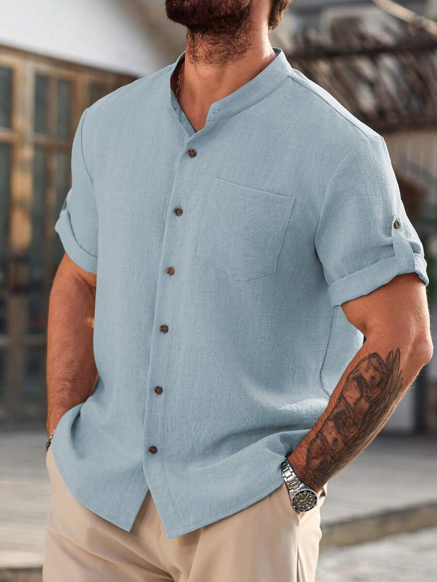 Camisa Masculina Casual de Manga Curta Solta e de Cor Sólida