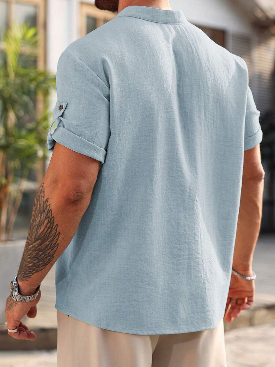 Camisa Masculina Casual de Manga Curta Solta e de Cor Sólida