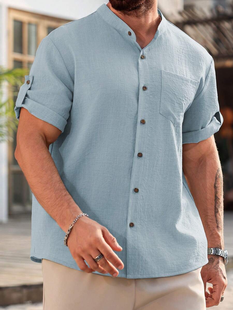 Camisa Masculina Casual de Manga Curta Solta e de Cor Sólida